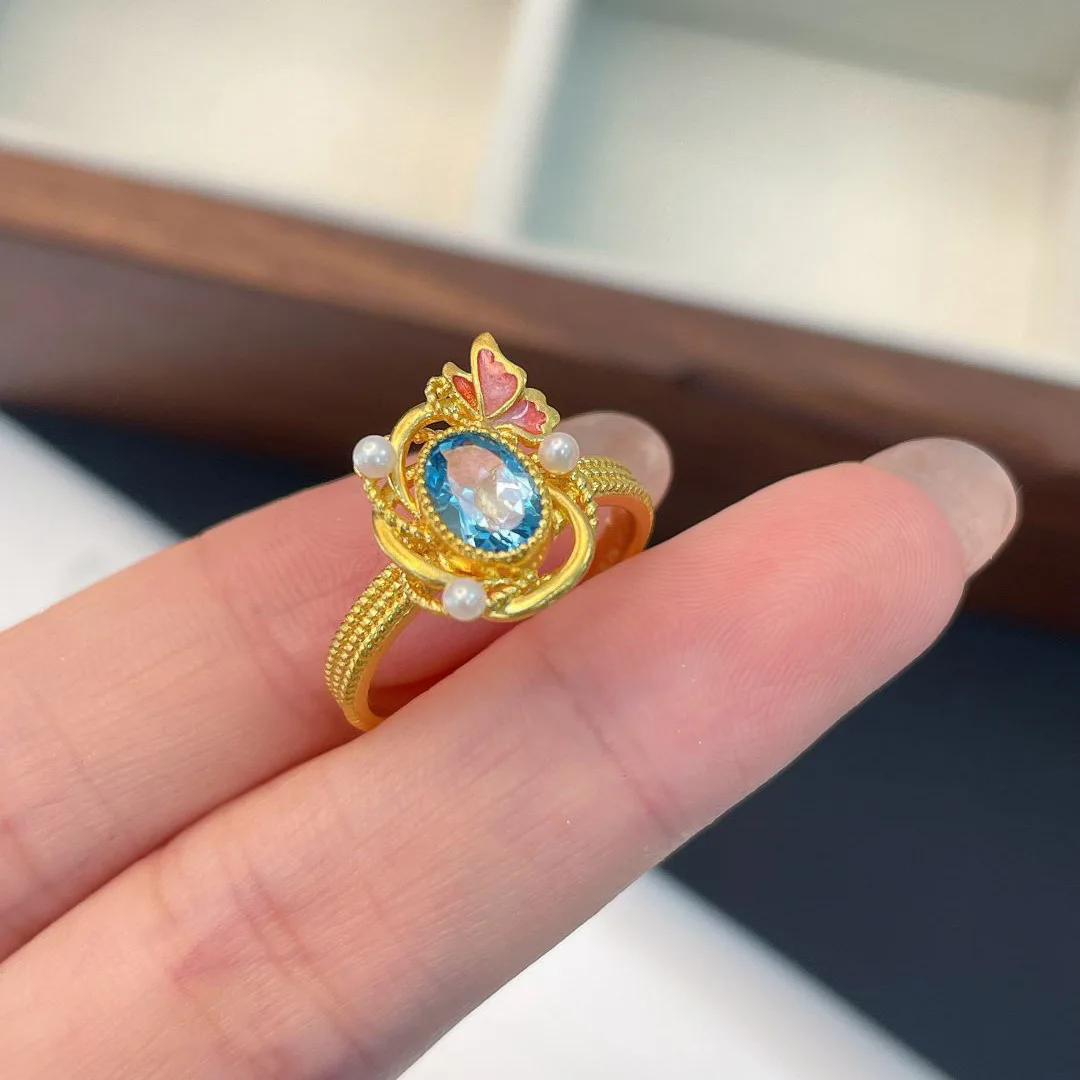 خواتم فراشة مرصعة بالأحجار الكريمة الزرقاء الإبداعية للنساء خاتم زفاف لؤلؤ فاخر خفيف هدية مجوهرات ساحرة
