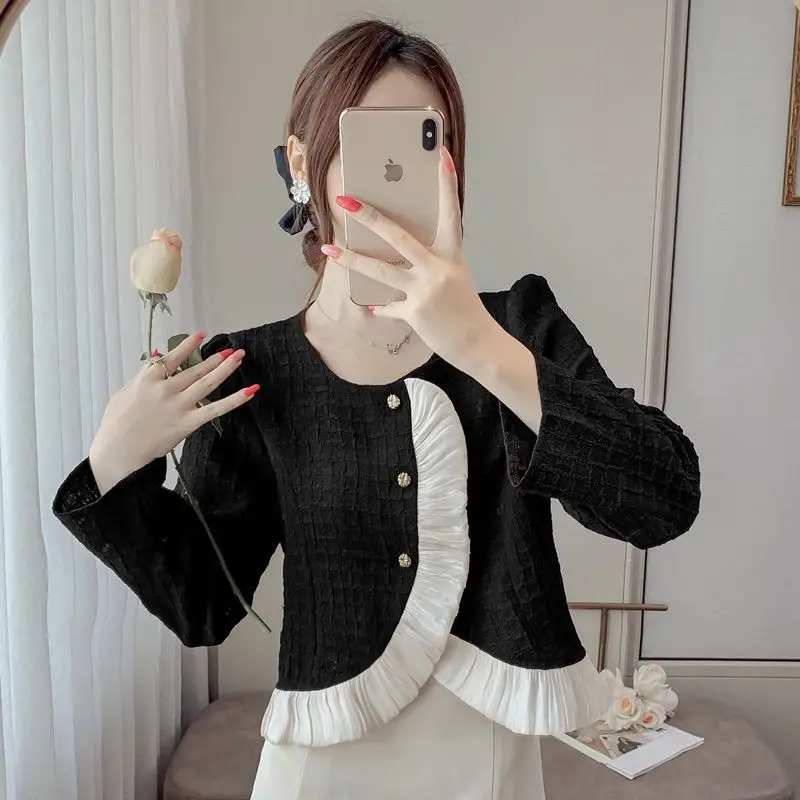 contrasting lace dark plaid shirt irregular hem short top women's small fragrant style ins comfortable skin-friendly breathable