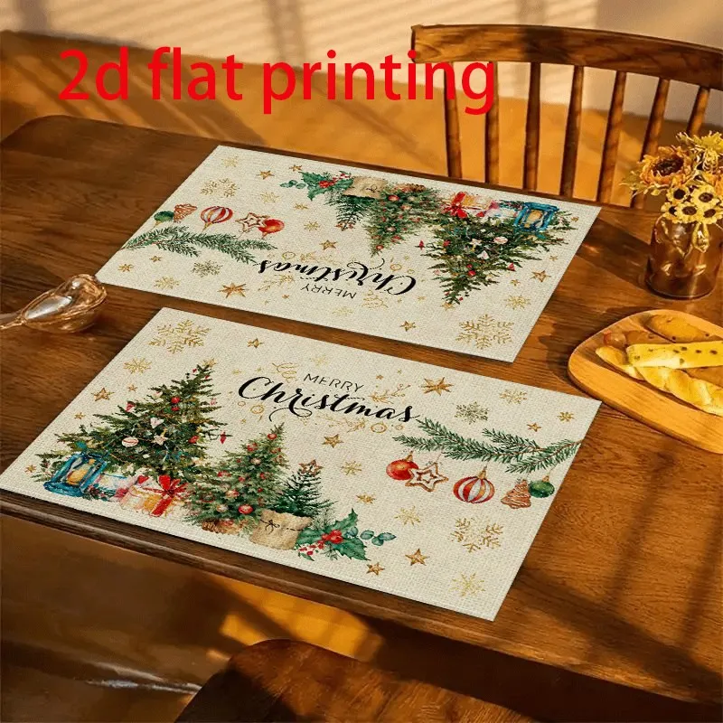 VIKAMA Christmas Linen Placemats, Merry Christmas Trees Vintage Ornaments, Natural Linen Washable, Dining Room