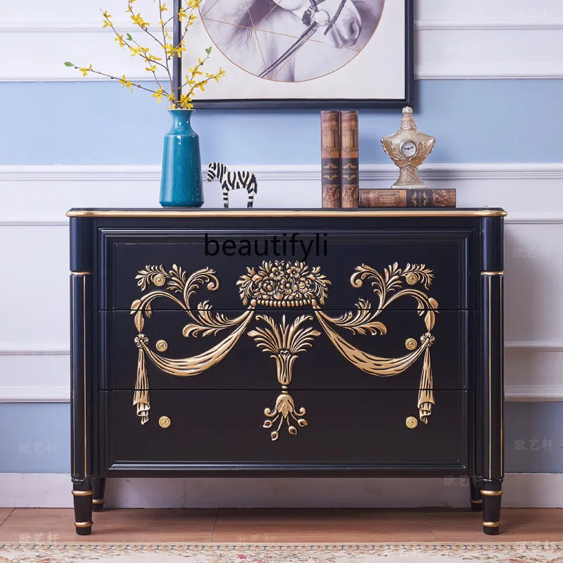 

European and American Style Luxurious Entrance Decorative Sideboard Cabinet Solid Wood Gold Carved Three-Drawer Cabinet