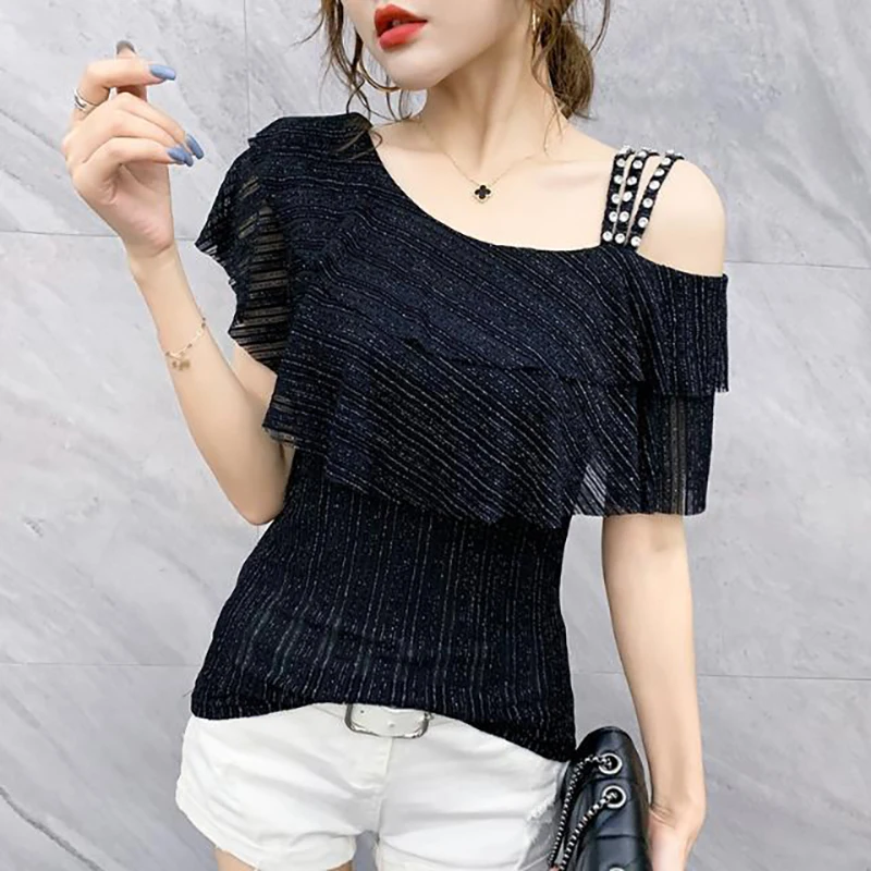 Fashion Slash Neck Beading Slip Ruffles Off Shoulder Blouses Women's Clothing 2024 Summer Loose Casual Tops Office Lady Shirts