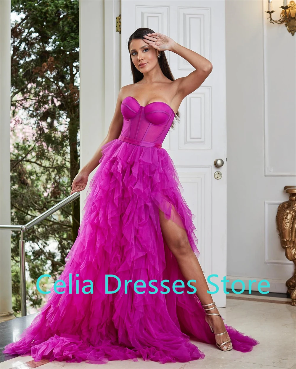 فستان سهرة رائع من التول الفوشيا بدون حمالات بدون أكمام للمناسبات الخاصة فستان مثير لحفلات العودة للوطن بسحاب