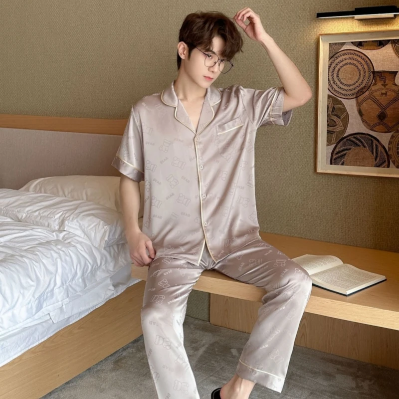 New arrivals in stock quality fashion short sleeve sleepwear shorts jacquard pattern 3 piece silk men's pajamas set
