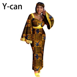 African Women Dresses for Party Luxury Dashiki Print Flare Sleeve Slim Dress Match Headband African Wedding Dress 2425156