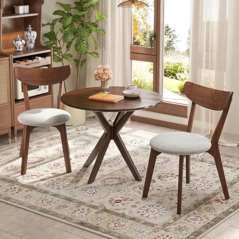 Modern round dining table set, a set of 2-person wooden chairs with cushioned seats, compact 3-piece set table set