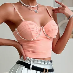 Women Pink Corset Cropped Tops Camisole Summer Female Rhinestones Halter Bustier Tops Slim Fit Sleeveless Tank Top Lingerie Vest