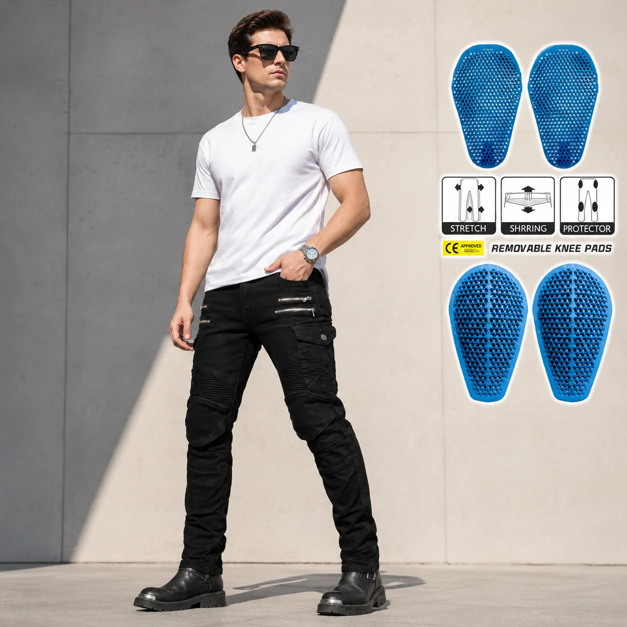 

VOLERO Men Kevlar Motorcycle Jeans Four Zipper CE Protective Anti-Fall Tear-Resistant Biker Pants with Silicone Pads