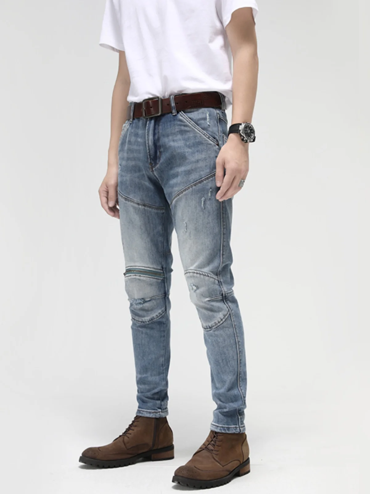 

Мужские джинсы в стиле пэчворк для мотоциклистов, модные, свободные, винтажные, на молнии, с множеством карманов, прямые, длинные брюки, осенне-зимний стиль, повседневные