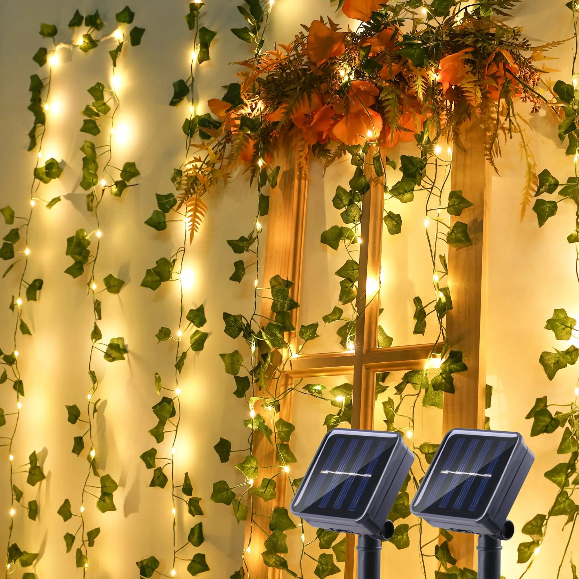 

2 Pack 33ft 100 LED Solar Fairy Light Artificial Ivy Leaves Plant Vine Outdoor String Lights for Camping Yard Fences Wall Window