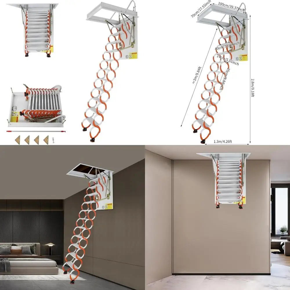 天井取り付け式ロフトはしご、10フィートの到達距離、11段、角度調整可能、耐荷重660ポンド、頑丈なプルダウンシステム
