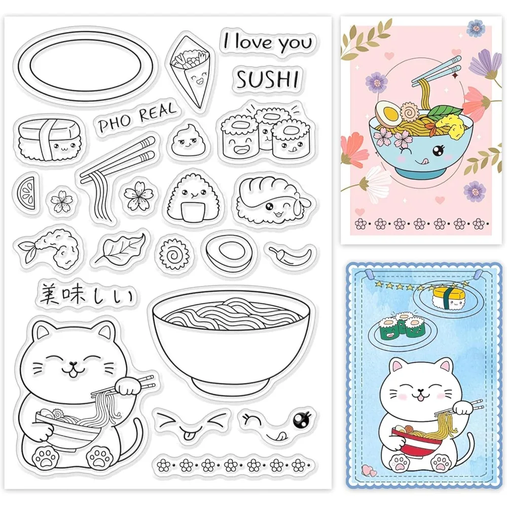 1Sheet Lucky Cat and Japanese Food Clear Stamp Ramen and Sushi Transparent Silicone Stamp Oriental Style Stamp for Making Kit