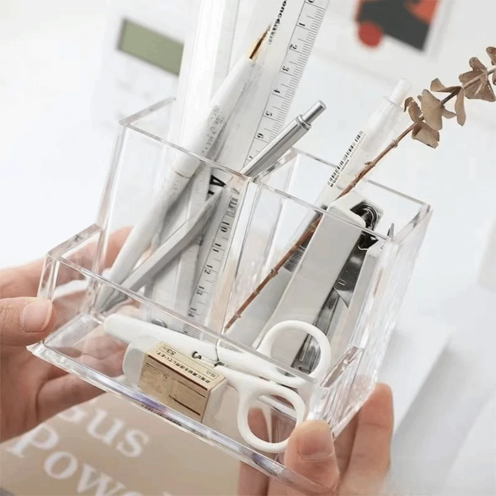Transparent Pen Holder Acrylic Simplified Design Makeup Organizer Three Grid Makeup Brush Holder Makeup Brush Storage