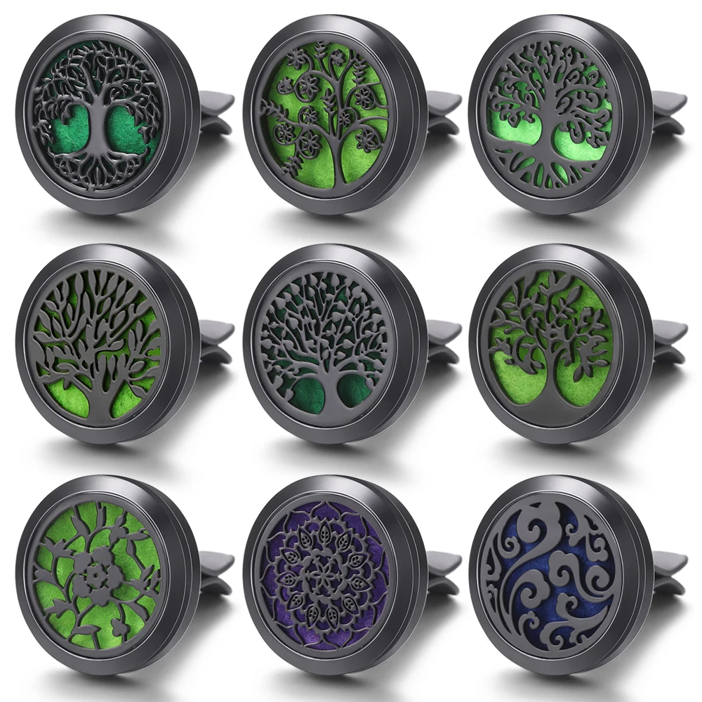 New All Black Tree of Life Aromatherapy Car Air Freshener Clip Stainless Steel Car Essential Oil Diffuser Locket Perfume Pendant
