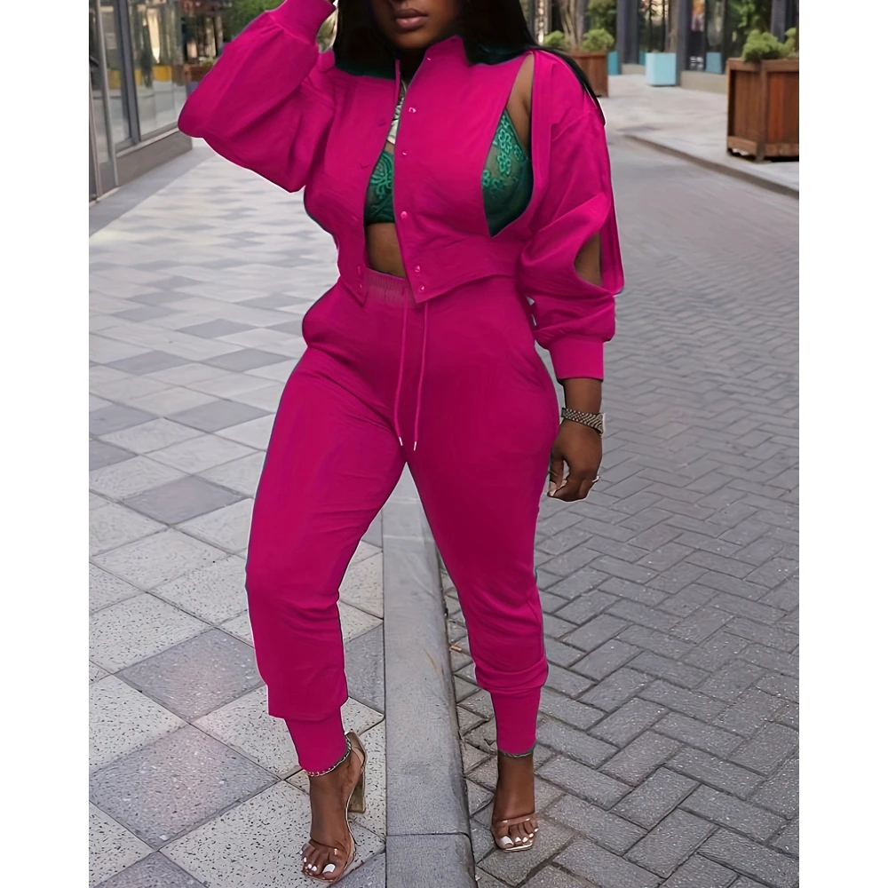 

Casual Two-Piece Pants Suit Sets for Women, Slit Design, Buttoned Top, Drawstring Cuffed Pants Set, Female Outfits, Sportswear