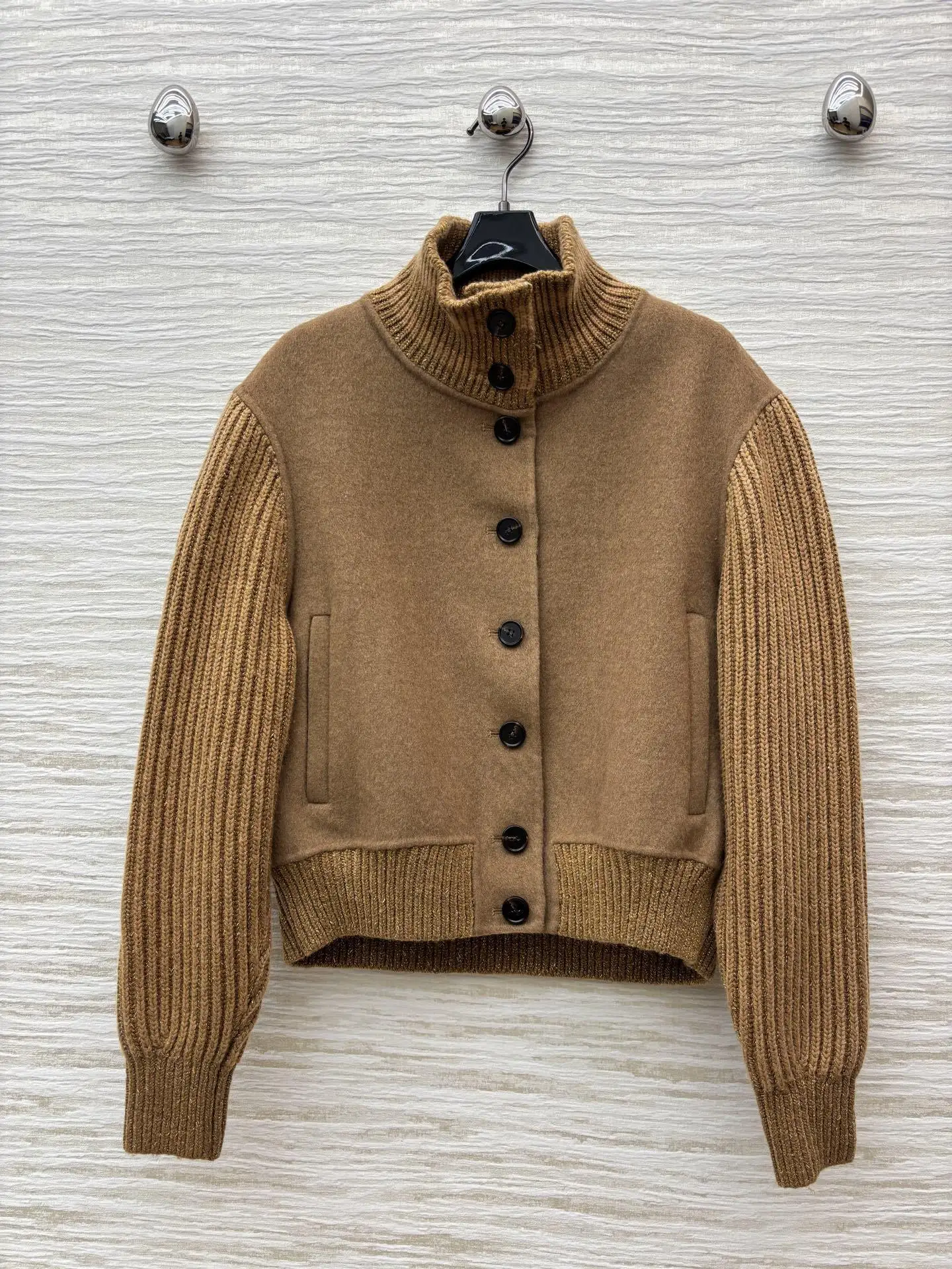 

High quality new women's standing collar woolen patchwork knitted jacket high waisted jacket jacket