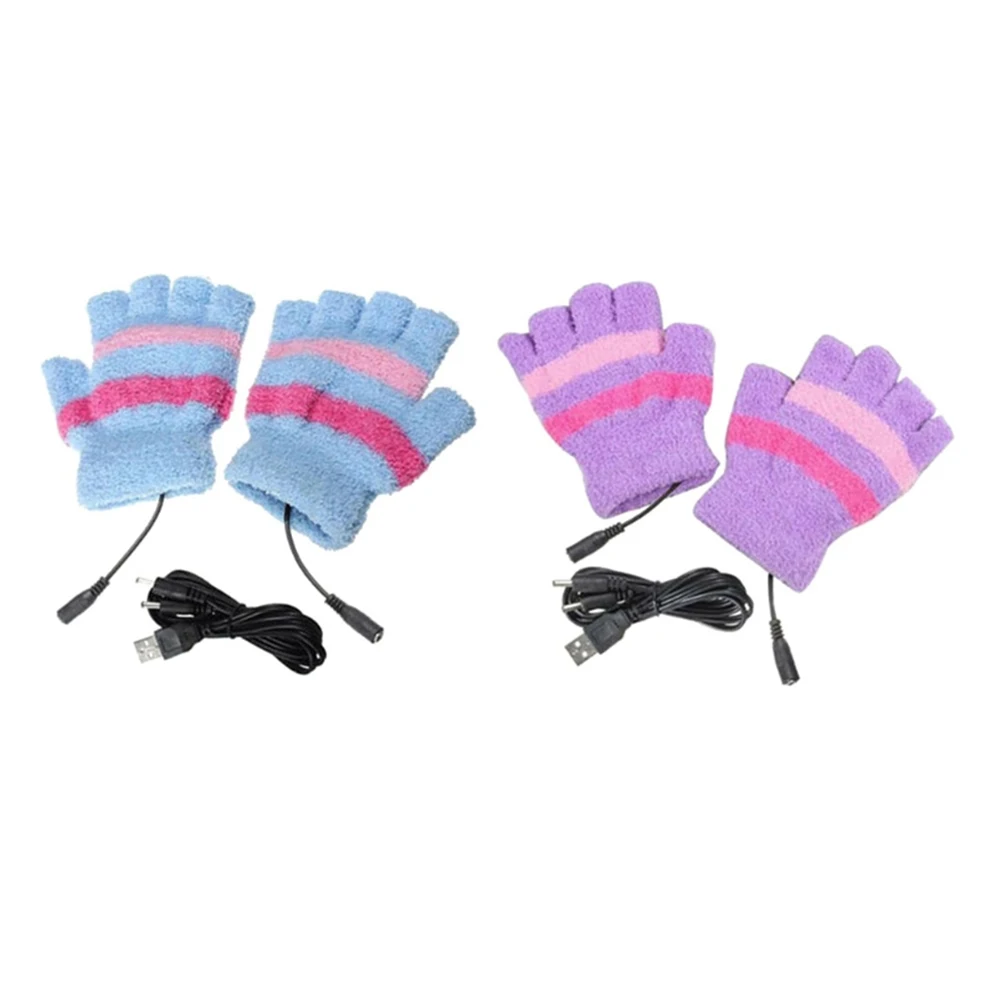 1 Pair Purple/Blue Cute USB Electric Rechargeable Heated Gloves Half Finger Warmer Winter Heating Mitten Fingerless Girls Gloves