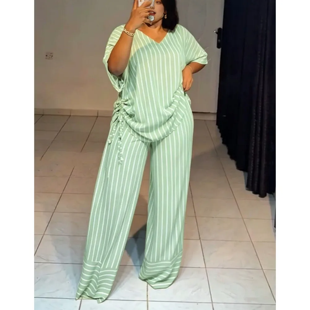 Women Striped 2Piece Outfit V Neck Short Sleeve Side Drawstring Loose Top Wide Leg Pants Set Summer Casual Fitting Long PantsSet