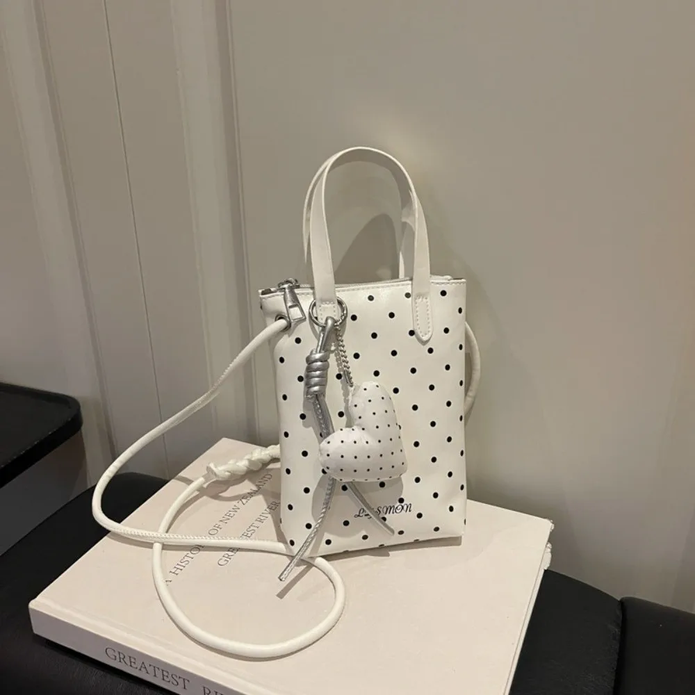 Casual Y2K Mini Phone Bag Polka Dot Heart Pendant Small Square Bag PU Leather Shoulder Bag