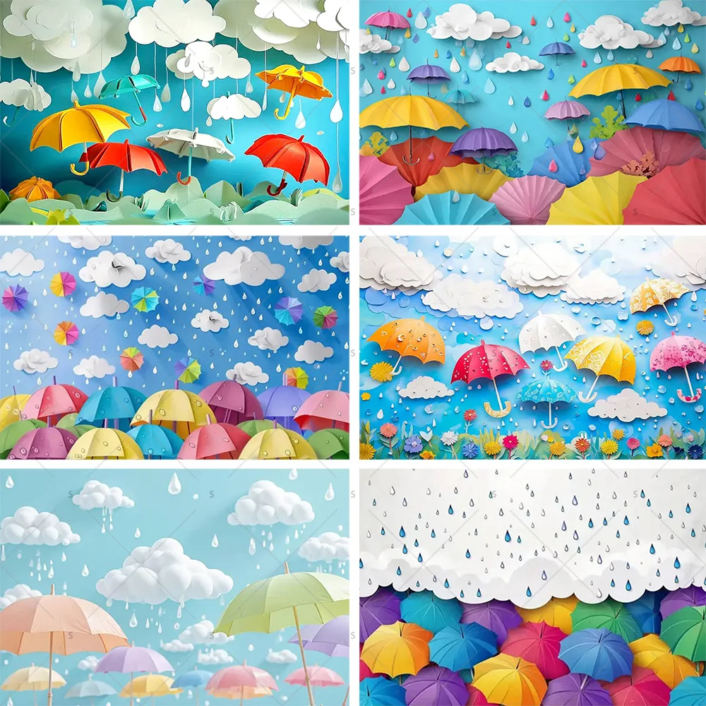 

Colorful Umbrella Raindrop Banner Children's Birthday Rainy themed Party Backdrop Photography Studio Shooting Background Props