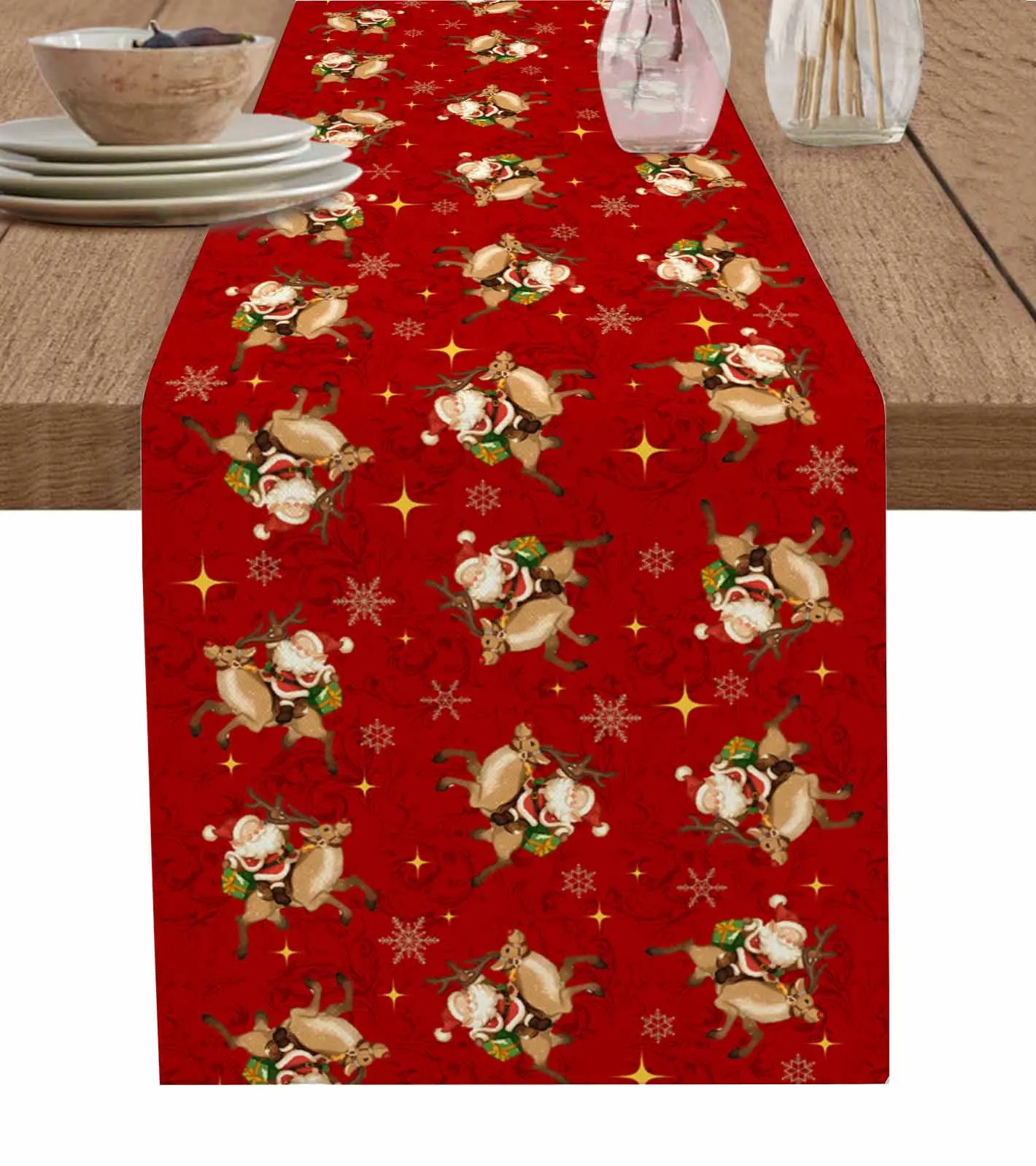 Santa Claus Reindeer Snowflake Red Table Runner Cotton Linen Wedding Table Decor Tablecloth Kitchen Decor Table Runner