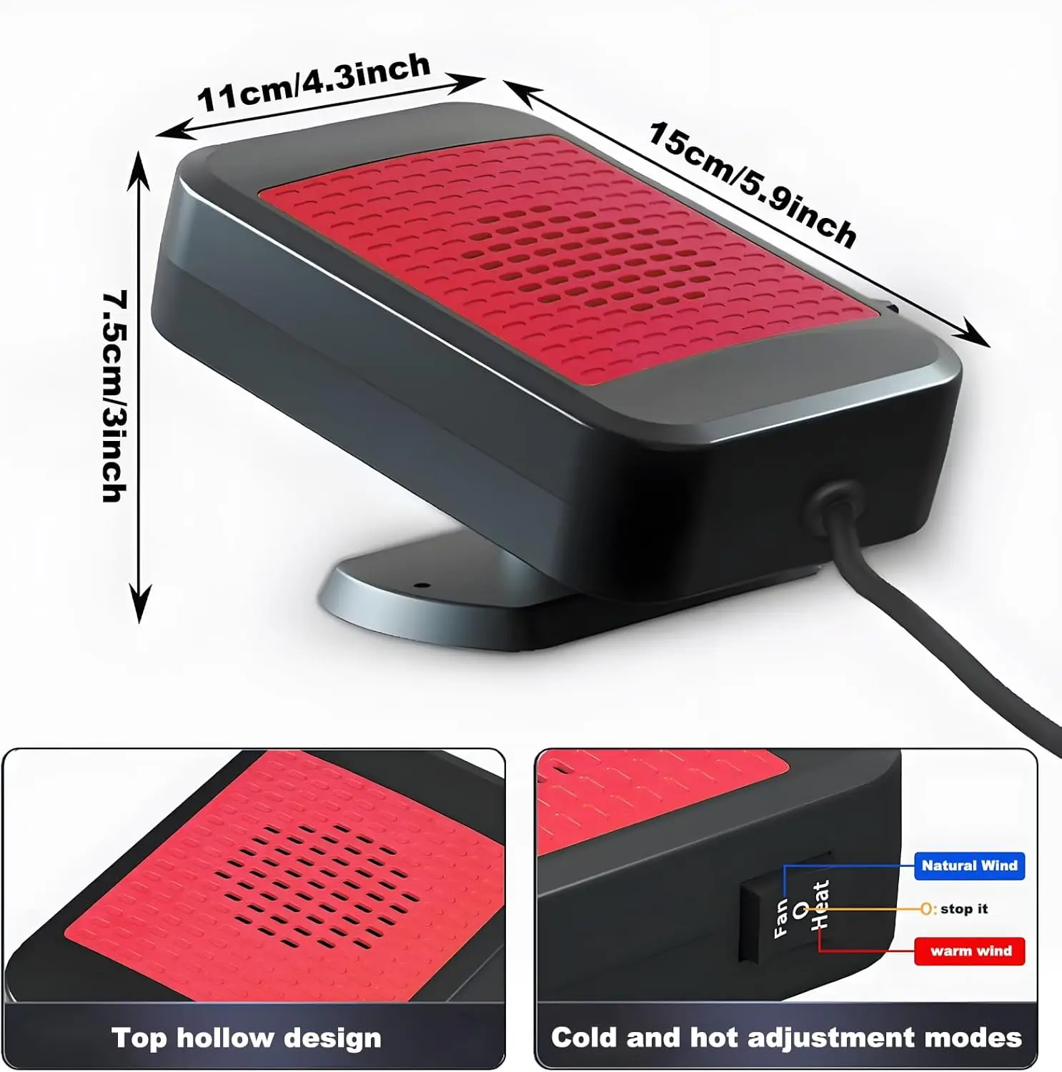 سخان سيارة محمول 200 وات 12 فولت، 2 في 1 حرارة/بارد، 360 درجة °   قاعدة دوارة (أحمر)