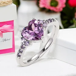 Huitan Purple Love Rings Silver Color New Fashion Jewelry for Women Wedding Engagement Party Temperament Female Accessories Gift