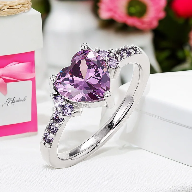 Huitan Purple Love Rings Silver Color Nowa modna biżuteria dla kobiet Ślub Zaręczyny Impreza Temperament Kobiece akcesoria Prezent