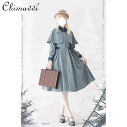 Gray-blue Retro Classic Single-breasted Jacket Spring Autumn New Lolita Style Slim Long-sleeved Elegant Mid-length Dress Coat