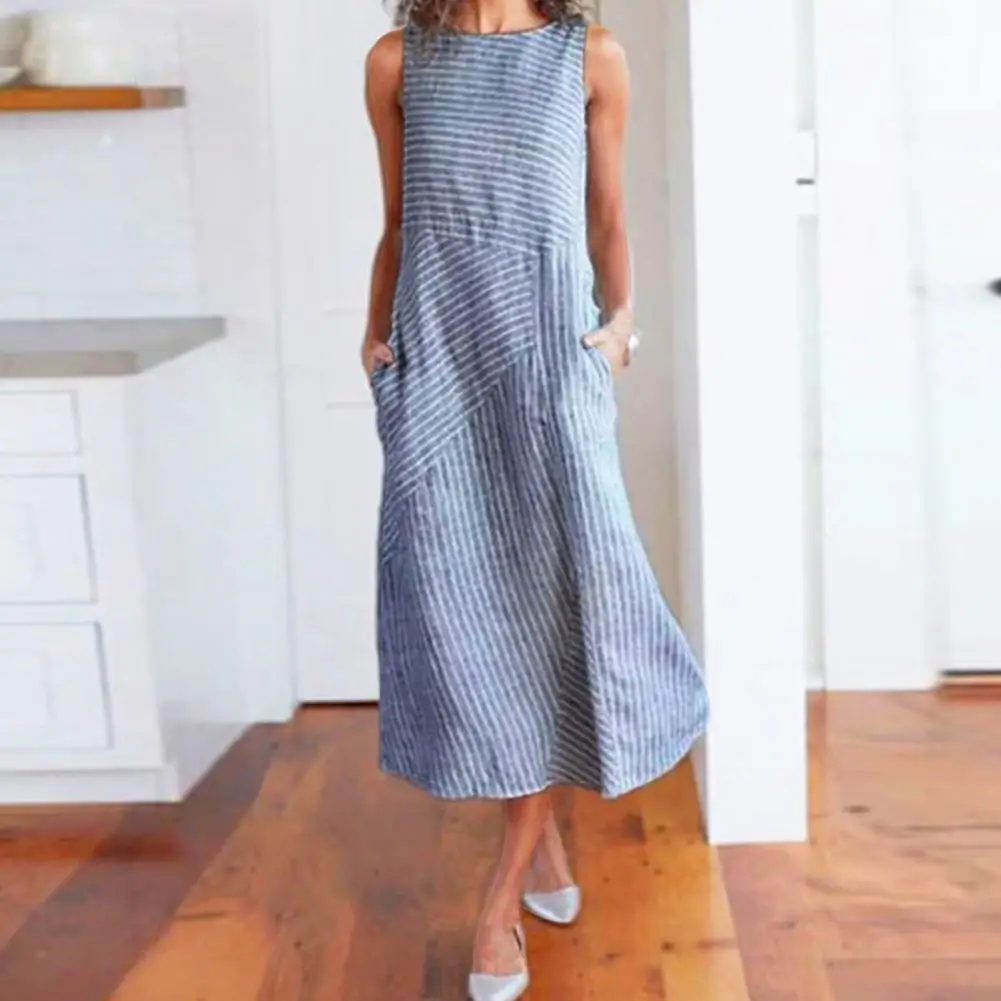 Loose Fit Dress Striped Dress Striped Print Midi Dress with Side Pockets A-line Summer Sundress for Wear O Neck Patchwork