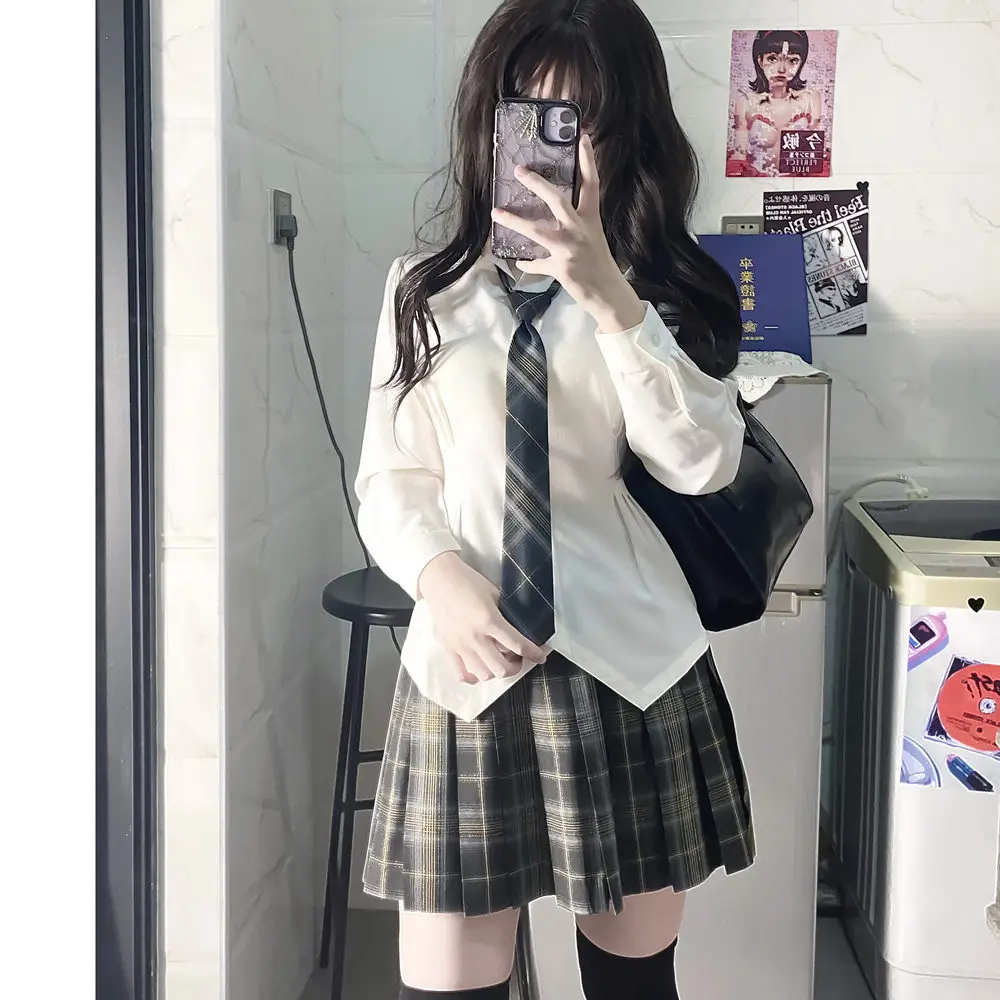 الأصلي اليابانية الخصر التخسيس مرونة طويلة الأكمام JK قميص الإناث الرغبة النقية فتاة ساخنة ضئيلة قميص أبيض أعلى تنورة منقوشة