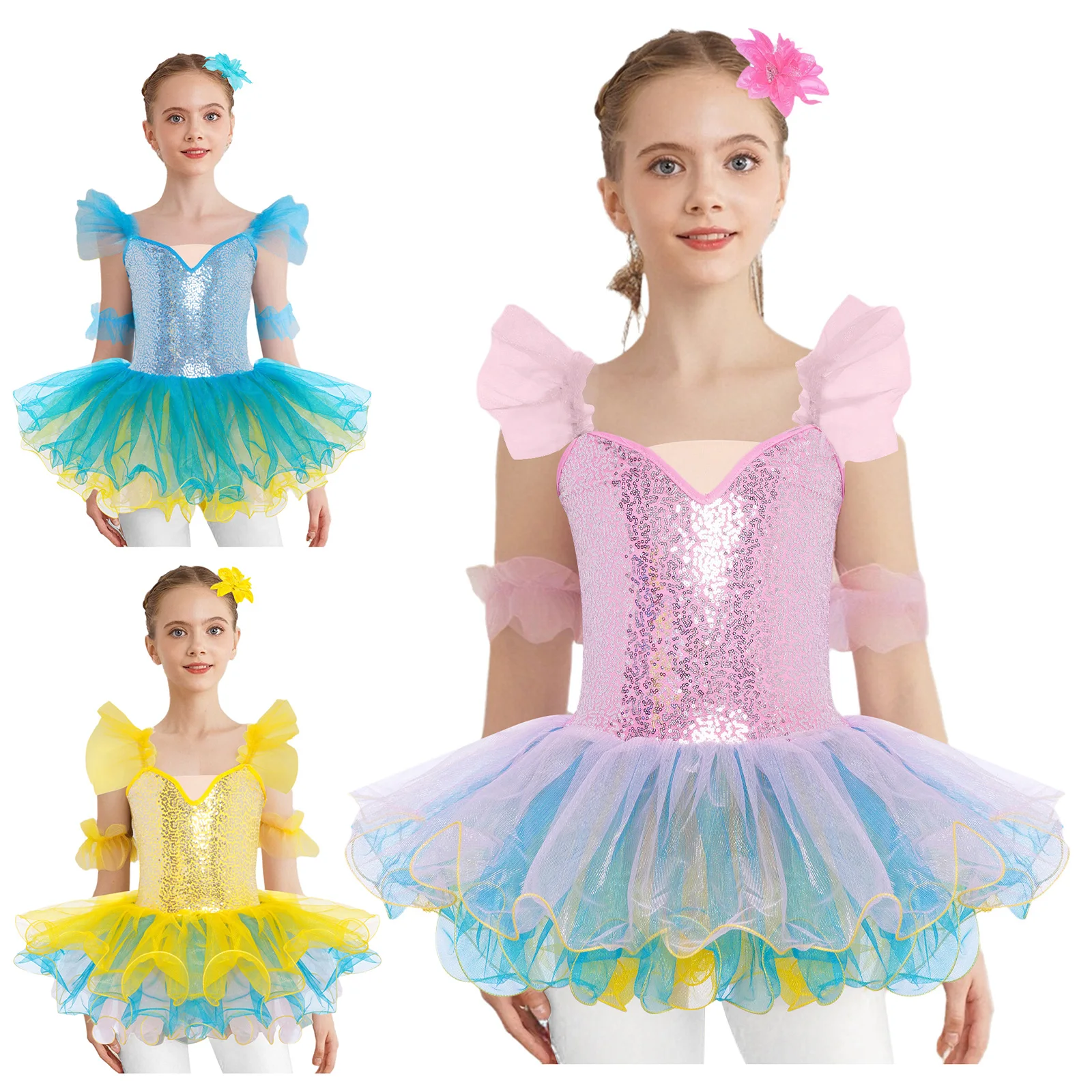 

Nice Girls Sequins Bodice Layered Tutu Dress Ballerina Fairy Prom Party Costume Kids Flower Ballet Gymnastic Leotard Dancewear
