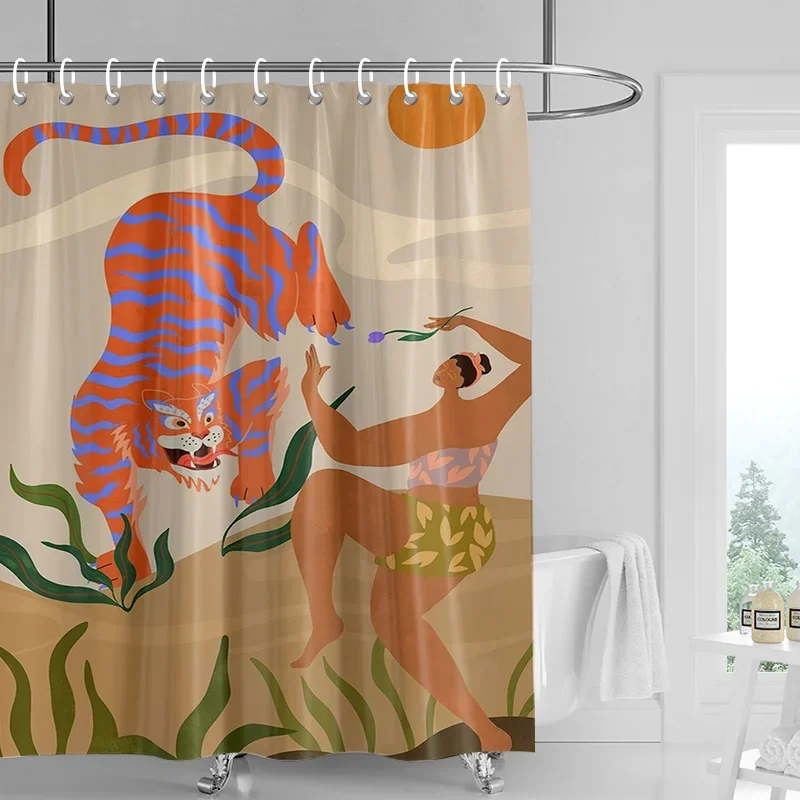 

Занавеска для душа в стиле фэнтези — розовое платье для девочек и полосатый тигр с фиолетовым цветком, сцена Солнечных джунглей, водонепроницаемый декор для ванны