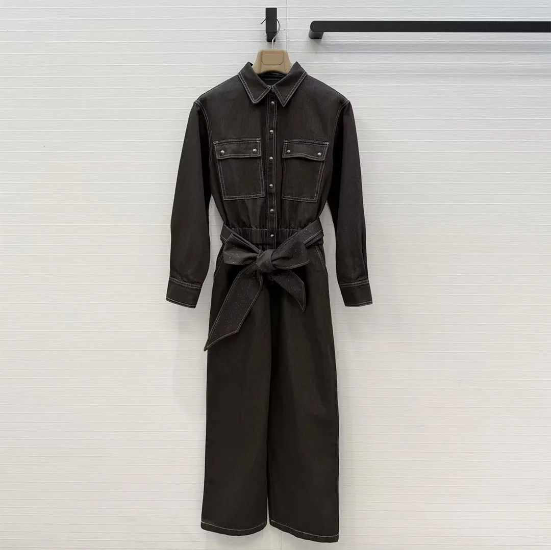 

Streetwear Vintage Brown Denim Jumpsuit Women Lapel Long Sleeve Elastic High Waist Sequins Belt Loose Wide Leg Casual Overalls
