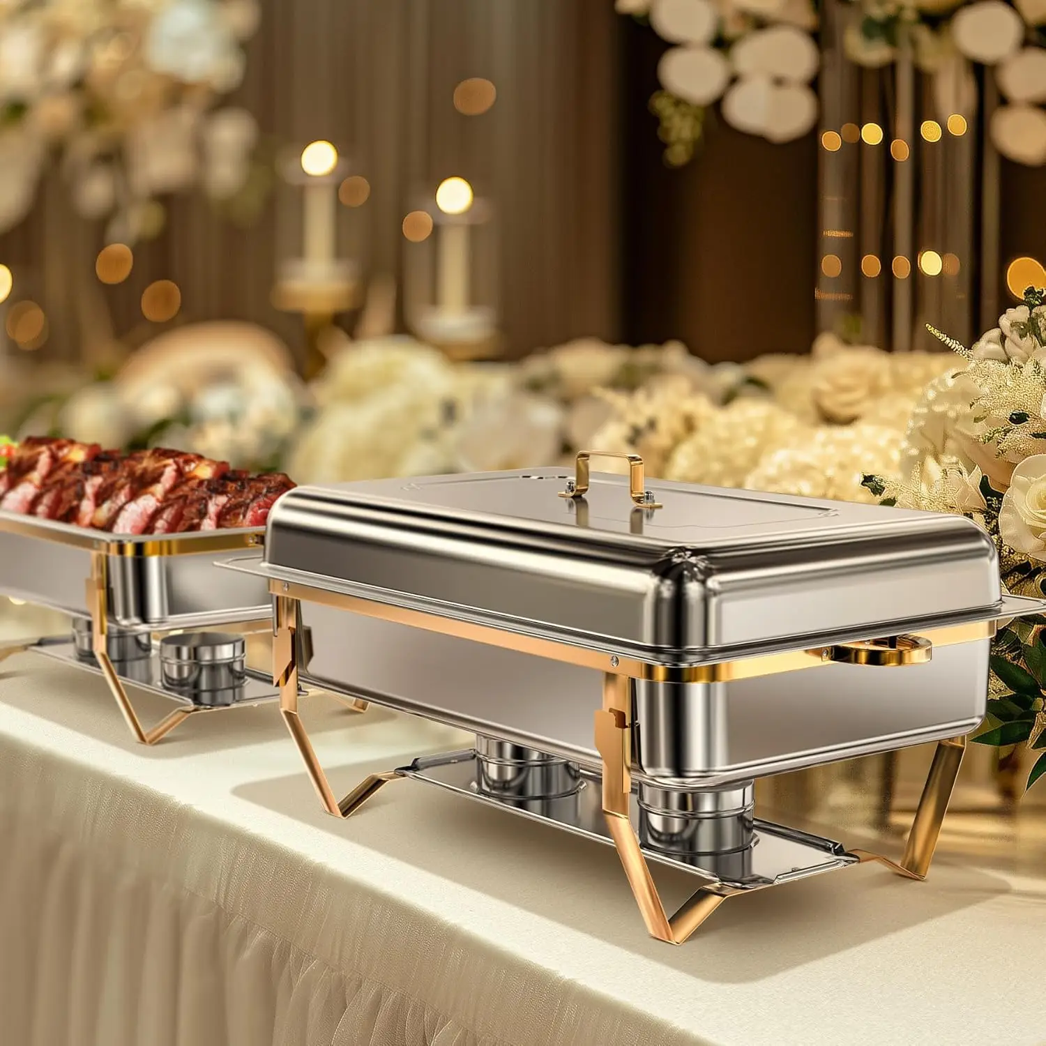 9QT 2 Pack/4 Pack Gold Chafing Dishes for Buffet 430 Stainless Steel Chafing Dish Buffet Set w/Foldable Frame For Party, Wedding