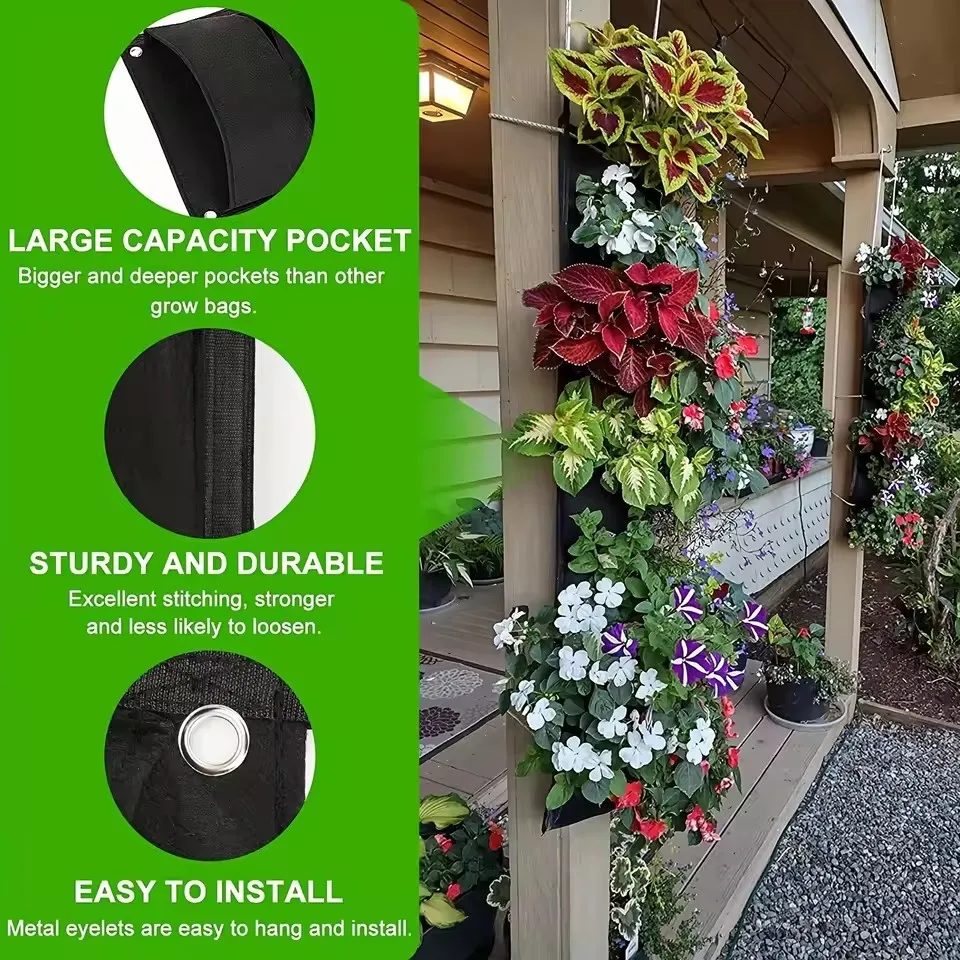7 Pockets Vertical Planting Bags Felt Fabric Wall Hanging Indoor Outdoor Garden Planter Pot Flower Vegetable Growing Containers gallery 1