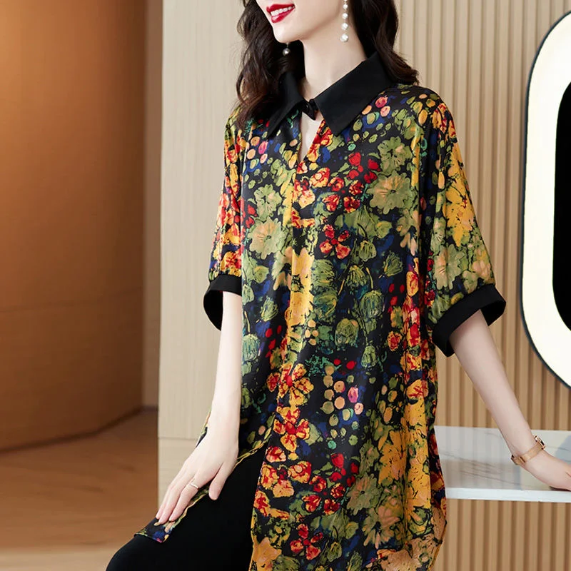 Vintage Printed Lapel All-match Loose Blouse Women Clothing 2023 Summer New Oversized Casual Pullovers Loose Office Lady Shirt