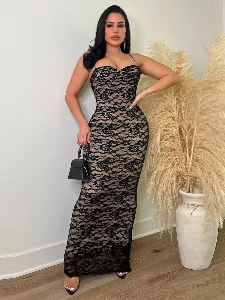 

Leosoxs, кружевное однотонное черное платье макси, женское прозрачное длинное облегающее платье с вырезом на спине, элегантное женское платье-спагетти