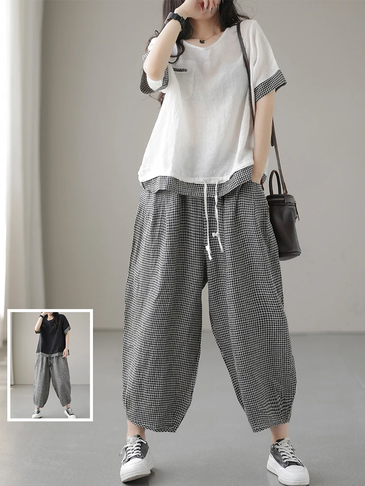 Faionable комплект больших размеров, женская футболка в клетку Color Blo, круглая Ne ort Sve Nine Points, повседневные брюки Harlan, состоящие из двух предметов...
