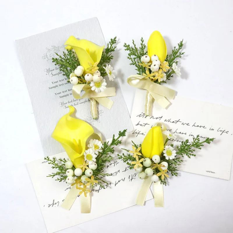 Yellow Boutonniere Corsage Flowers Wedding Accessories Bride Artifical Marriage Groom Buttonhole Rose Brooch Decor