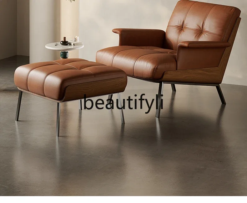 Oil wax leather armchair single sofa lazy recliner light luxury modern simple solid wood