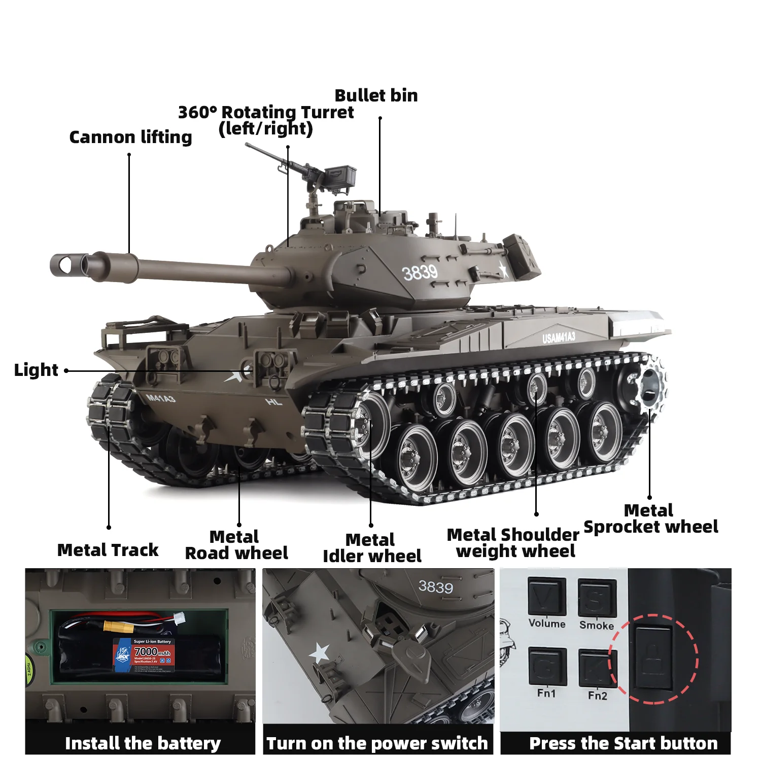 Heng Long rc ถัง 1/16 U.S. M41A3 Walker Bulldog ถัง (โลหะเคลือบยาง Track & Road ล้อ) (360 ° ป้อมปืนหมุน)