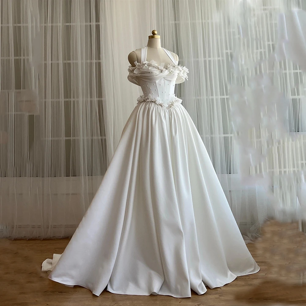 

Высококачественные белые свадебные платья по индивидуальному заказу с открытыми плечами и аппликациями из жемчуга и бусин, трапециевидные платья для выпускного вечера длиной до пола