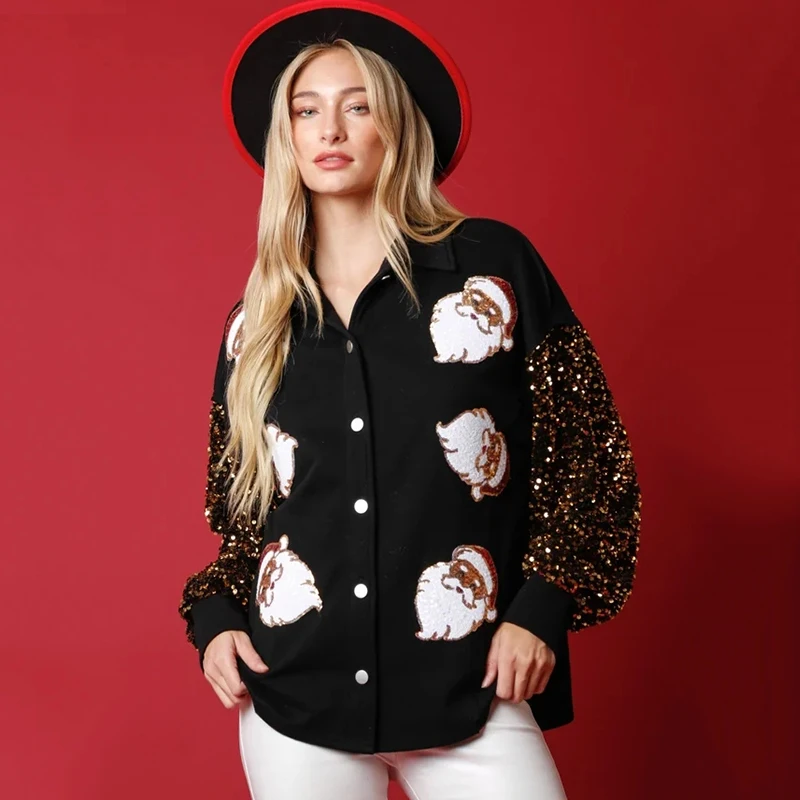 Dropshipping Sequined Santa Claus Graphic Jacket Velvet Sequin Sleeve Holiday Glam Meets Cozy Comfort Shacket