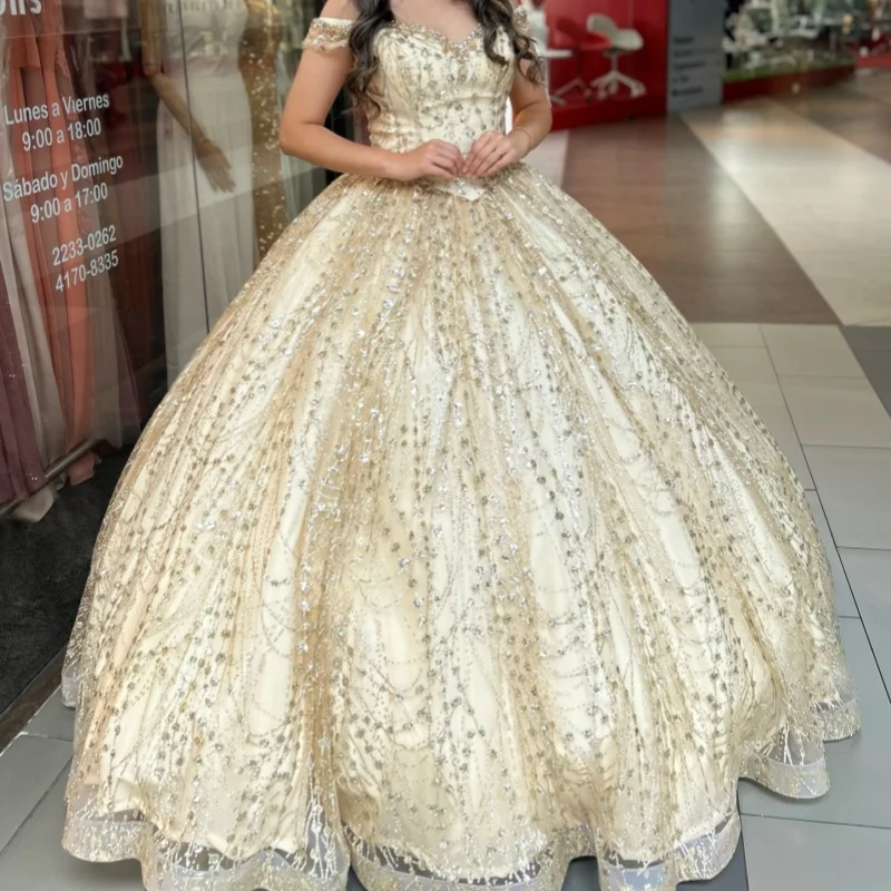 

Shiny Champagne Gold Quinceanera Dresses Off the Shoulder Glitter Crystal Decal Long tail Bow Vestidoe 15 Quinceanera Customize