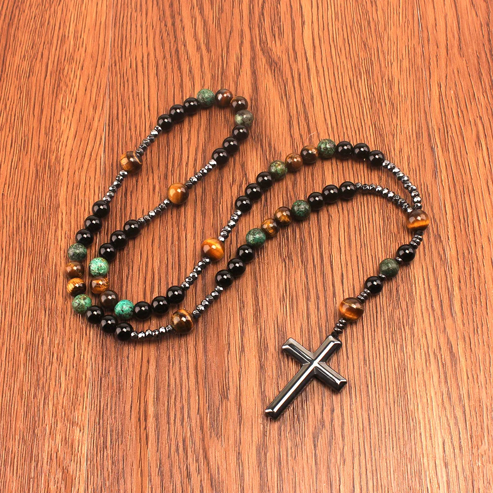 Cross Pendant Necklace With Natural Turquoise And Tiger's Eye Beads Bohemian-Style Multicolored Beaded Necklace Beaded Gift