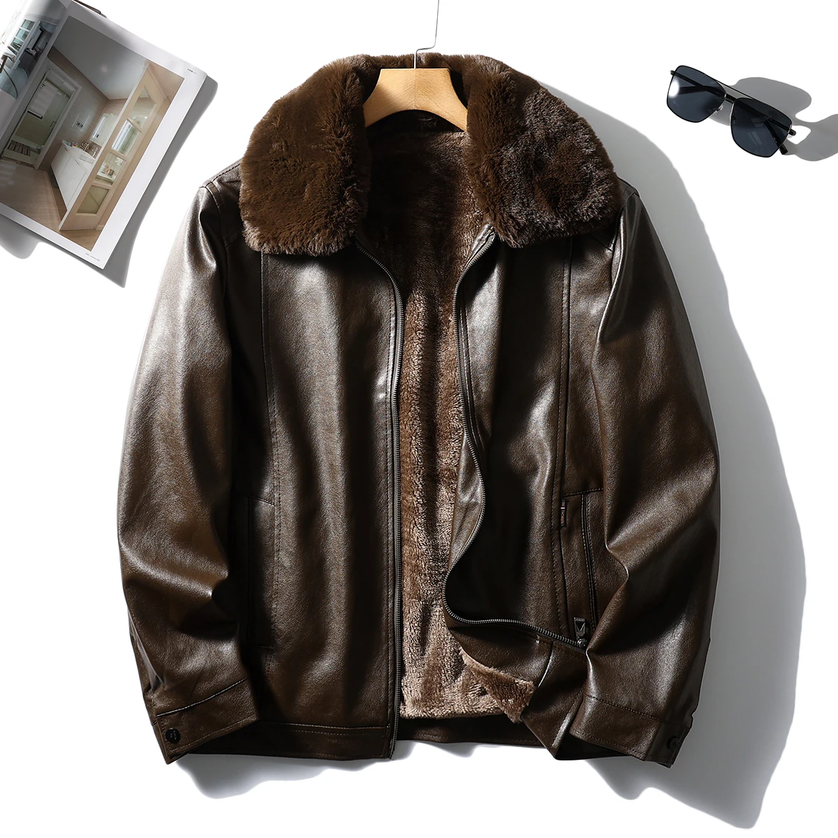 

Thiened Faux Leather Jaet Men's Winter Coat Fur Collar Detachable Faion Urban Sle Casual Youth Zipper Closure Coat