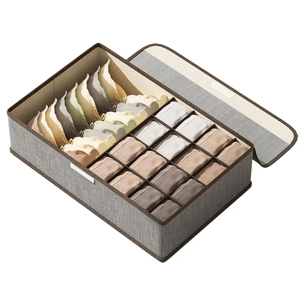 

Органайзер для хранения нижнего белья, носков и галстуков с крышкой, складной органайзер для ящиков шкафа, 1+16 отделений, тканевый складной органайзер для шкафа/тумбы