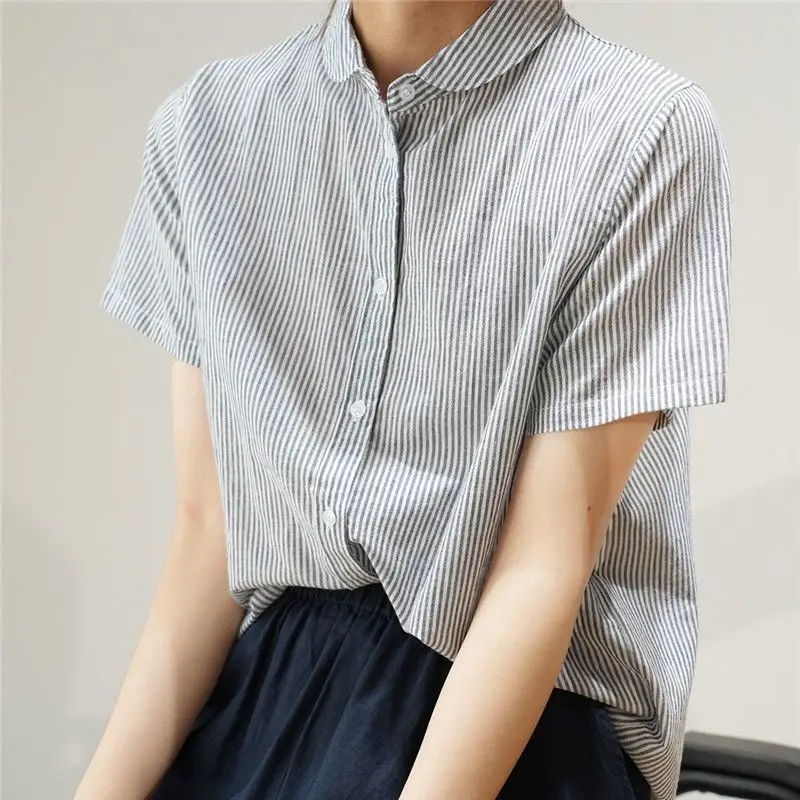 Vintage Button Loose Blouse Summer New Short Sleeve All-match Simplicity Solid Color Shirt Tops Casual Fashion Women Clothing