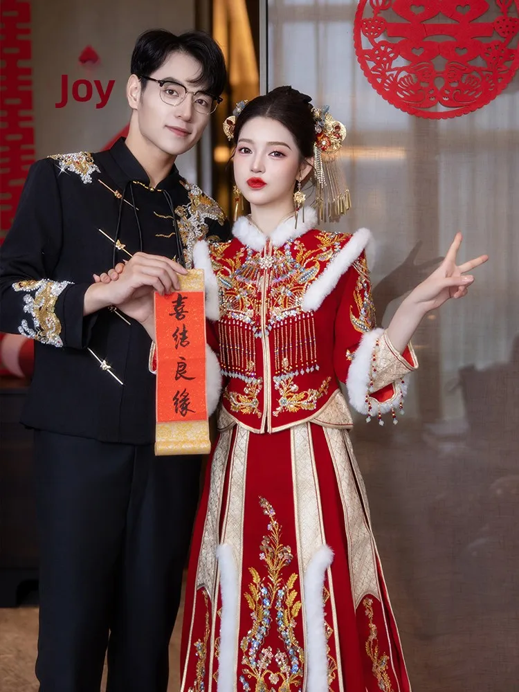 

Velvet ow Clothing Wedding Gown Winter New Arrival High-End Chinese Sle Bride Heavy Embroidery Marriage Ceremony Dr