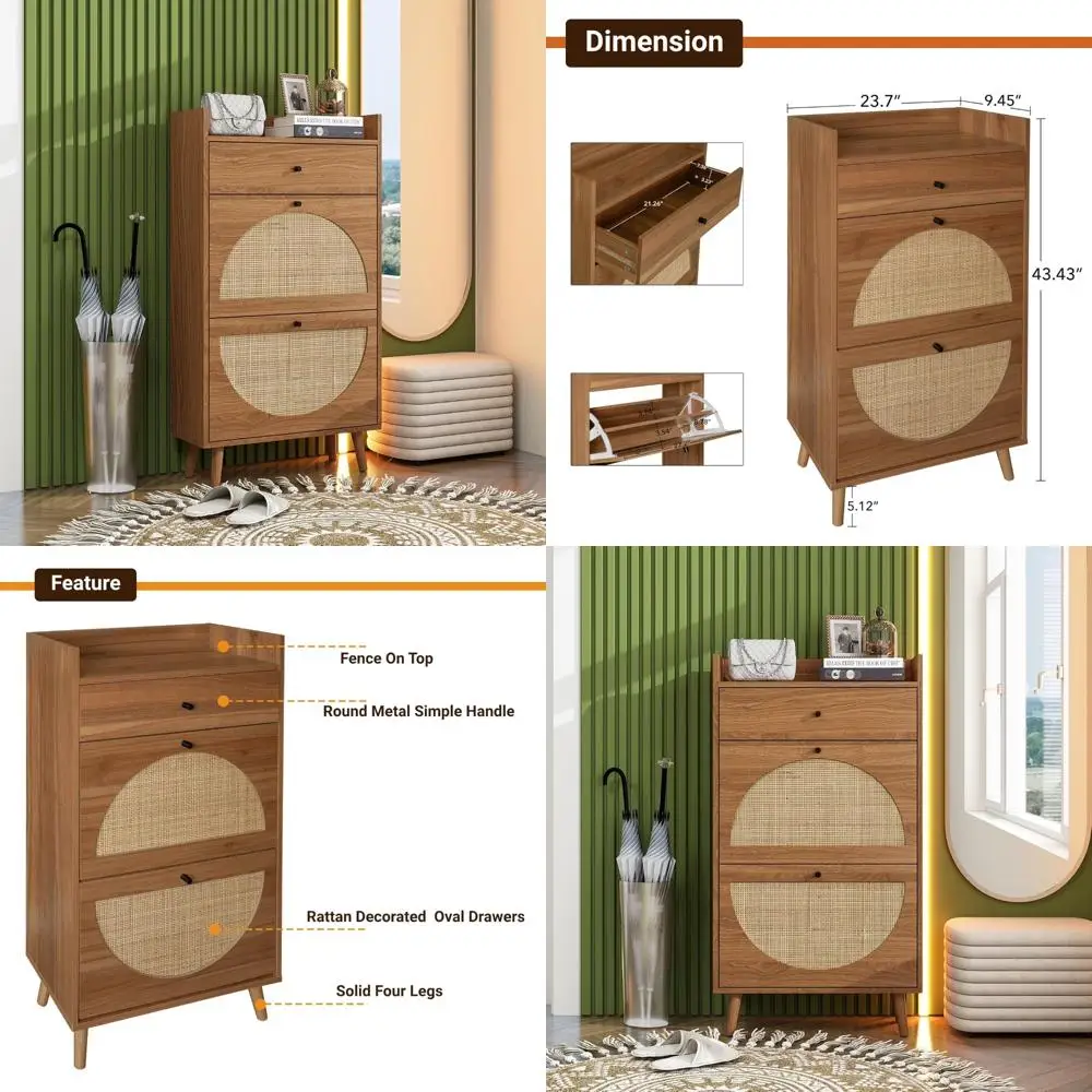 

Slim Narrow Shoe Rack Cabinet with Storage Drawers and Top Fence Organizer for Entryway